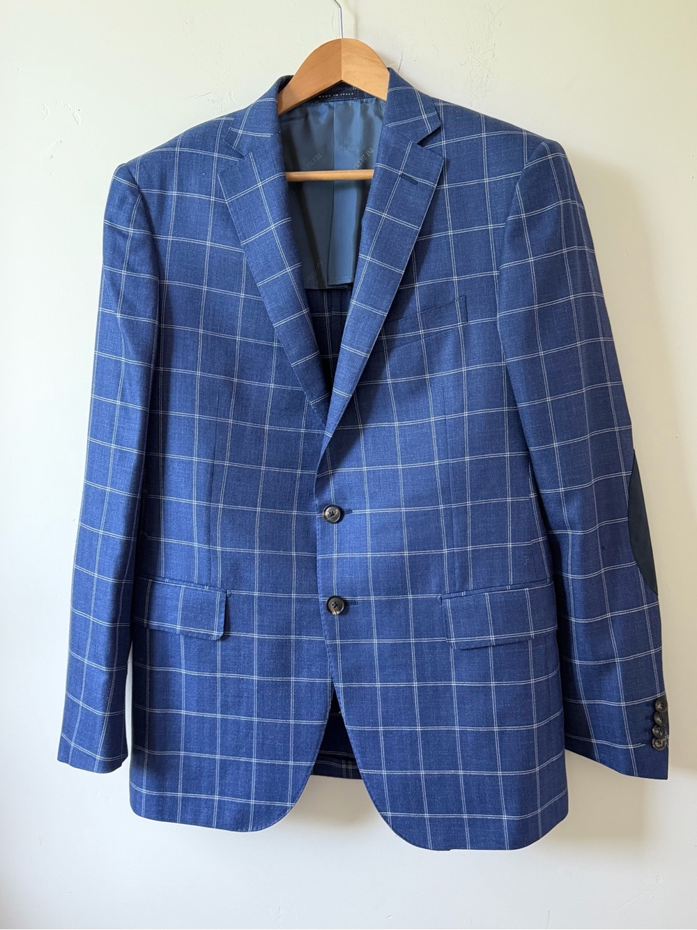 Pal Zileri Blue Windowpane Blazer Elbow Patch Italy Wool Silk Linen 42R 52